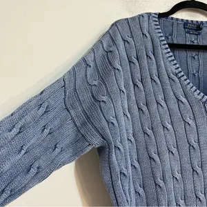 Polo Ralph Lauren Blue Cable Knit Pima Cotton V-Neck Sweater Fisherman Preppy thumbnail 3
