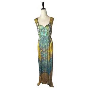 One World Dress Women XL‎ Yellow Green Floral Paisley Maxi Casual Boho Colorful thumbnail 2