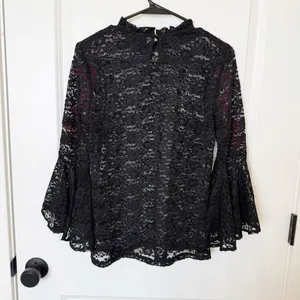 Womens Black Sheer Embroidered Floral Top Small Romantic‎ Whimsigoth Puff Sleeve thumbnail 4