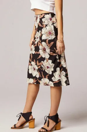 Band of Gypsies Collective Floral Print Midi Slip Skirt Rho Black Cream Size Large thumbnail 3