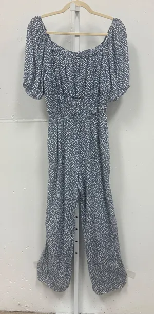 Sincerely Jules Leaf Print Smocked Waist Wide Leg Jumpsuit Medium Blue White thumbnail 1