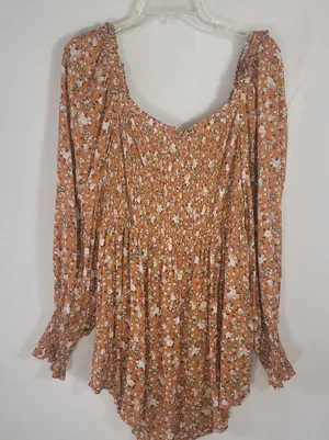 JODIFL Boho Smocked Floral Babydoll Tunic Blouse Orange Rust Ditsy Print Puff L thumbnail 1