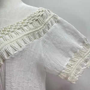Boho Hippie White Gauzy Cotton & Crochet Lace with Fringe Top Size Medium thumbnail 7