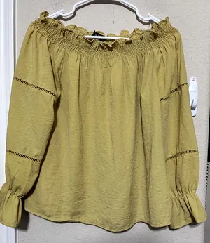 Timing Mustard Yellow Peasant Blouse Smocked Off‎ shoulder flowy romantic cottagecore M thumbnail 1
