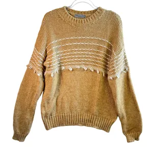 Elsamanda Italy Alpaca Wool Blend Chunky Knit Sweater Tan White Stripe Large‎ L thumbnail 1