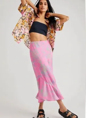 NWOT Free People Everything’s Rosie Midi Skirt Pink Combo thumbnail 1
