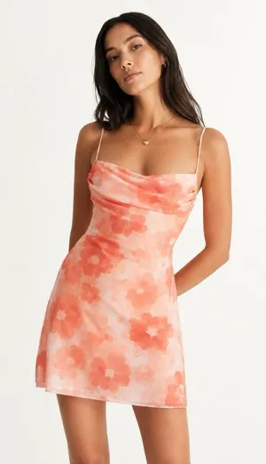 See You Monday Floral Mesh Cowl Neck Mini Dress Pink Orange Size M thumbnail 1