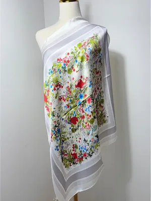 Elegant Floral Square Scarf in Satin Polyester, 68cm x 68cm, Vibrant Red, Blue thumbnail 2