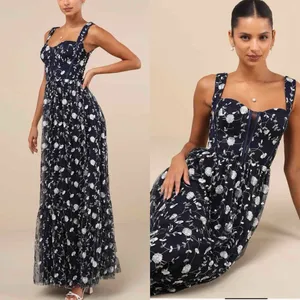 Lulus Gala Invite Navy Blue Embroidered Tulle Bustier Maxi Dress Large thumbnail 7