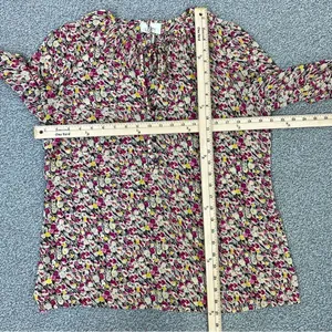 Loft Ann Taylor Ruffle Trim Tie Neck Floral‎ Chiffon Blouse Large Beige Pink thumbnail 11