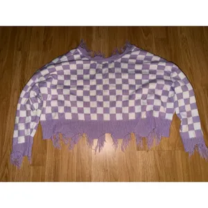 Just Polly New York Purple White Checkered Distressed Frayed V-Neck Sweater L thumbnail 4
