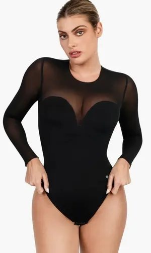 Popilush Shapewear Illusion Mesh Long Sleeve Tummy Control Bodysuit Sz XL thumbnail 1