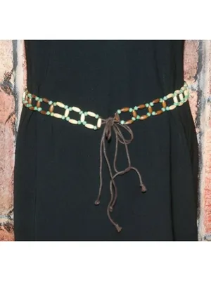 Boho Wood Beaded Tie Belt Green Brown Cream Adjustable Hippie Festival thumbnail 4