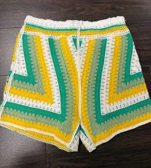 Boho Crochet High-Waisted Shorts -‎ Green & Yellow Stripe - Festival Read thumbnail 1