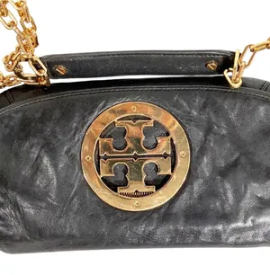 Tory Burch Black Flap Leather Shoulder Bag Gold Hardware Chain Link thumbnail 1