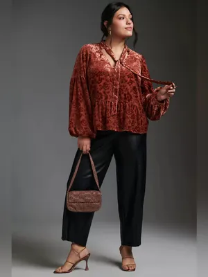 Anthropologie Rust Floral Velvet Tie-Neck Long Sleeve Peplum Blouse Size Medium thumbnail 8