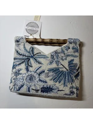 Beaded Floral Pink & White Handbag with Bamboo Handle India handmade NWT thumbnail 11