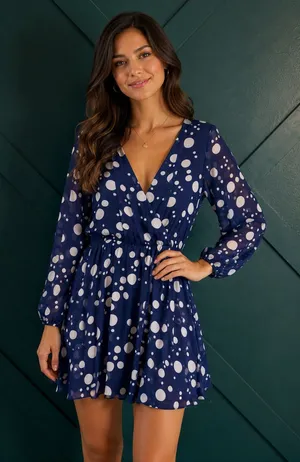 ASOS Navy Blue Jumbo Polka Dot V-Neck Mini Dress thumbnail 1