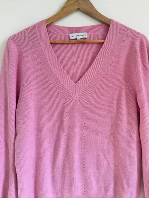 White + Warren Pink Cotton Silk Rib Trim Crew Neck Sweater Size Large thumbnail 4