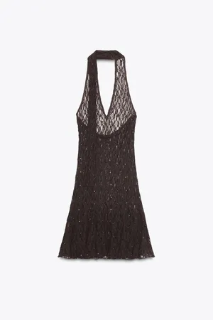 Zara Brown Lace Ruffled Crochet Halter Bohemian Summer Dress thumbnail 11