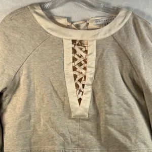 Endless Rose Beige Ribbed Bell Sleeve Lace‎ Up Front Cropped Sweatshirt Top M thumbnail 2