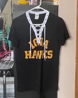 Women's PINK Victoria's Secret Iowa Hawks Lace-Up T-Shirt Black Yellow XS thumbnail 1