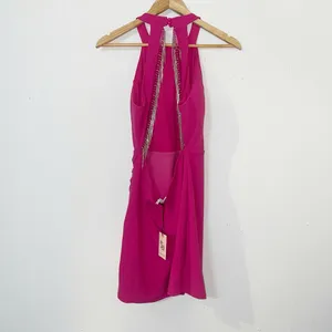 Sincerely Jules hot pink glitter fringe open back high neck mini dress thumbnail 5