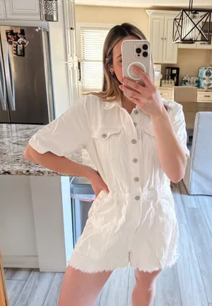 American Eagle White Denim Romper Short Sleeve Button Front Raw Hem Size L thumbnail 1