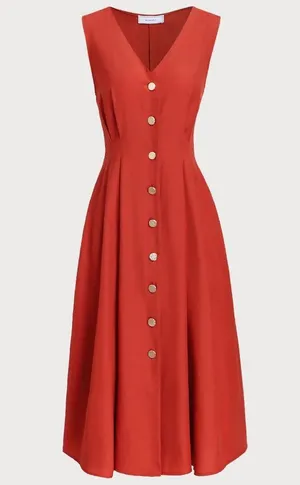 Rihoas Red V-neck Button Sleeveless Midi Dress thumbnail 6
