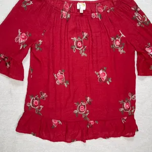 Fig & Flower | Red Floral Embroidered Peasant Top | Large thumbnail 3