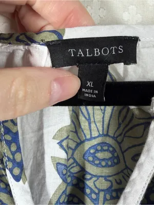 Talbots White Blue Green Floral Eyelet Cotton V Neck Top thumbnail 4