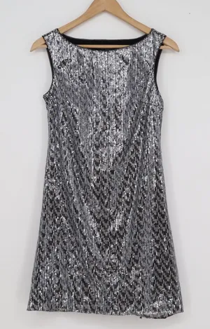 White House Black Market Silver Sequin Sleeveless Boat Neck Shift Dress XXS thumbnail 1