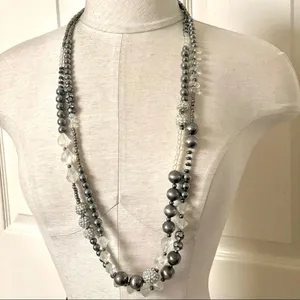 Long double strand grey and clear beaded statement necklace thumbnail 1