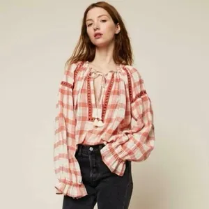 Free People Honey Grove Gingham Checkered Balloon Sleeve Blouse Size Small thumbnail 2