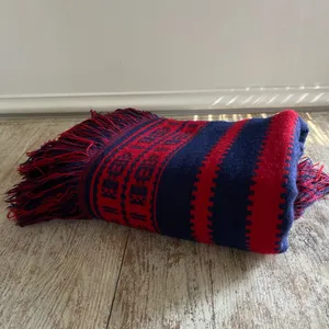 Vintage Red Navy Tribal Stripe Knit Blanket Poncho Fringe OS Western Cowgirl thumbnail 10
