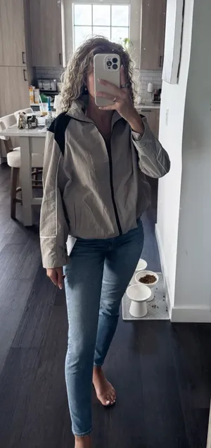 Yousify Light Beige Bomber Jacket with Black Shoulder Accents (Size Small) thumbnail 1