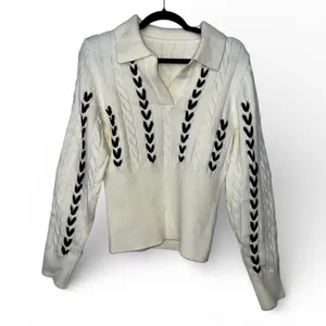 Commense Contrast Stitched Cable Knit Polo Sweater Off-White Size Medium NWT thumbnail 5