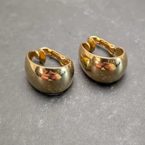 Vintage Clip On Earrings Stylish Mirrored Gold Tone Elongated Hoops 7/8" thumbnail 4