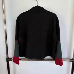 90's Wool Patchwork Jacket Boxy Zip Up Grandma Sweater Black Embroidered XL thumbnail 3
