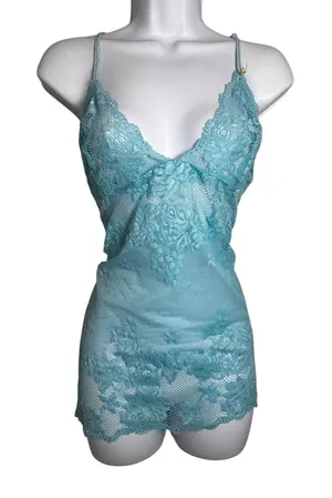 Victoria's Secret Vintage 2003 Aqua‎ Blue Floral Lace Mesh Chemise XL Y2K thumbnail 1
