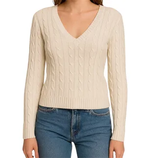 Brandy Melville Cream Cable Knit V-Neck Sweater Soft Cozy Classic Knitwear Baisc thumbnail 1