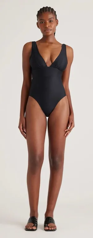 NWT Quince Black Italian Plunge One-Piece Swimsuit Size Small thumbnail 1