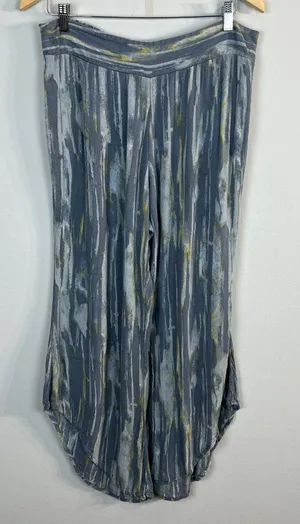 Free People Pants‎ Womens Large Gray Blue Yellow Abstract Wide Leg Boho Lounge thumbnail 1