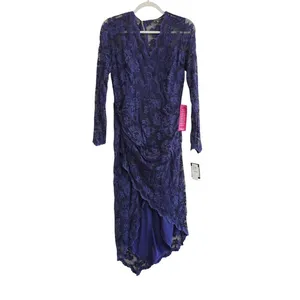 Marina NEW Navy Blue Floral Lace Faux‎ Wrap Midi Dress Asymmetrical Hem Wedding thumbnail 3