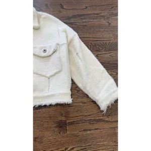 SHACI BLUE Ivory Fuzzy Trucker Sweater Jacket Oversized Distressed S Small 2655 thumbnail 5