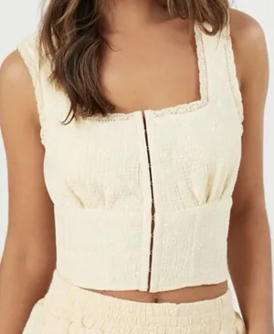 Forever 21 Soft Yellow Gauze Peasant Corset Floral Crop Tank Blouse Size L‎ thumbnail 1