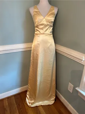 Elegant Satin V-Neck Evening Gown in Pale yellow Gold size 2 thumbnail 3