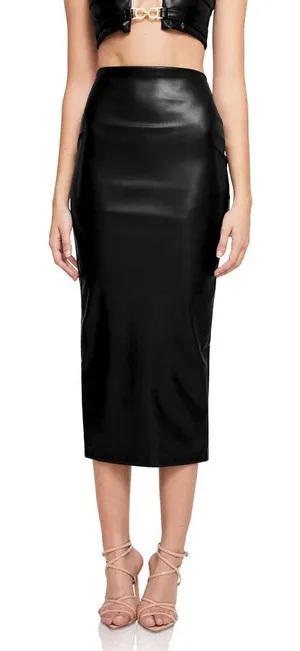 NWT Nookie Sz XS Drama Black Faux Leather High Waist Sexy Cocktail Midi Skirt thumbnail 1