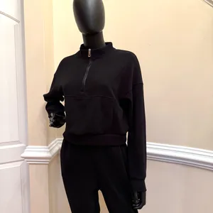 Two Piece Ribbed Set Tracksuit Sport Set Gym Crop Top Mock Neck Blouse Pants thumbnail 4