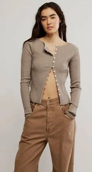 Free People Tilly. Long Sleeve Cardi in a taupe thumbnail 1